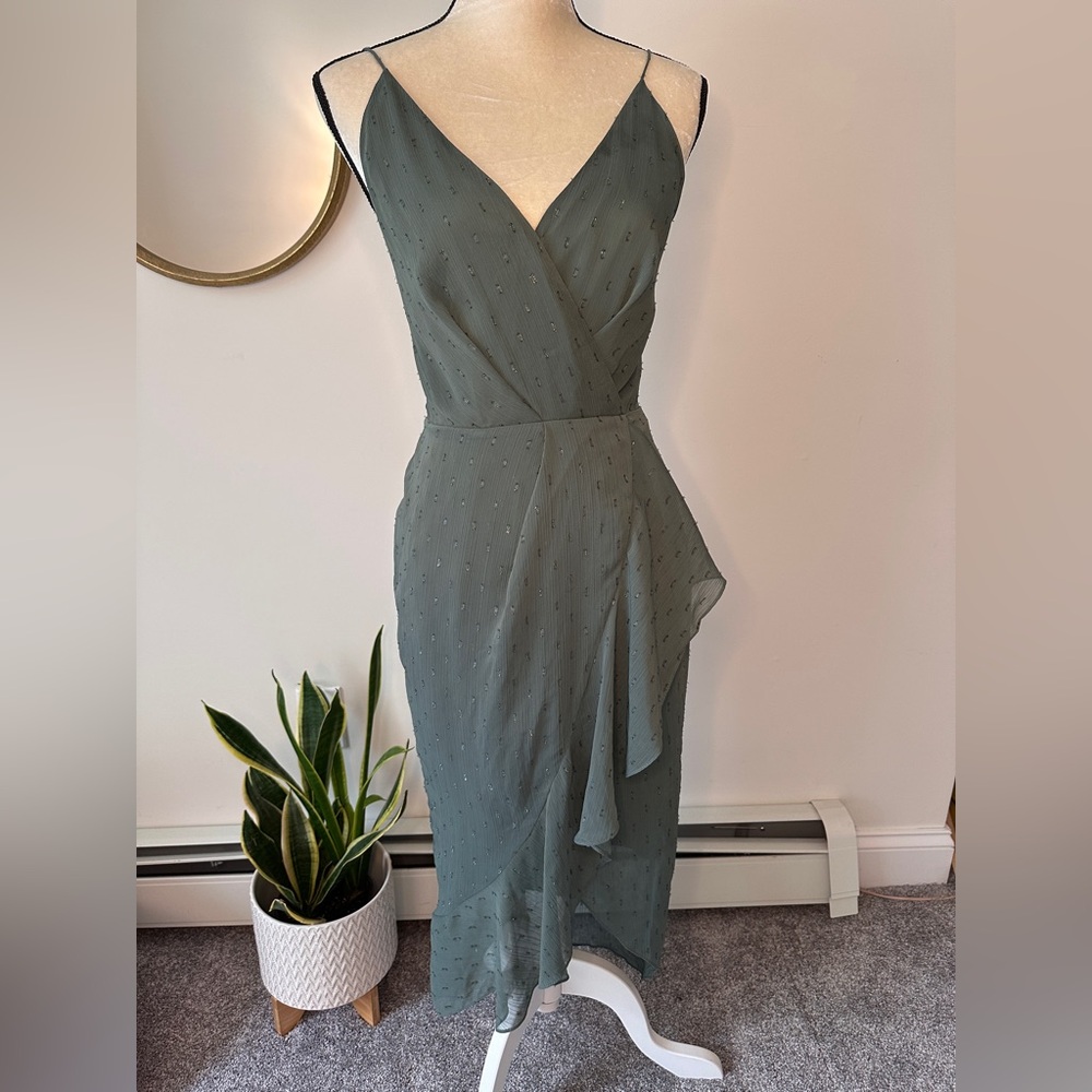 Cooper ST Sage Green Asymmetric front lined Sheer Dress US 2
